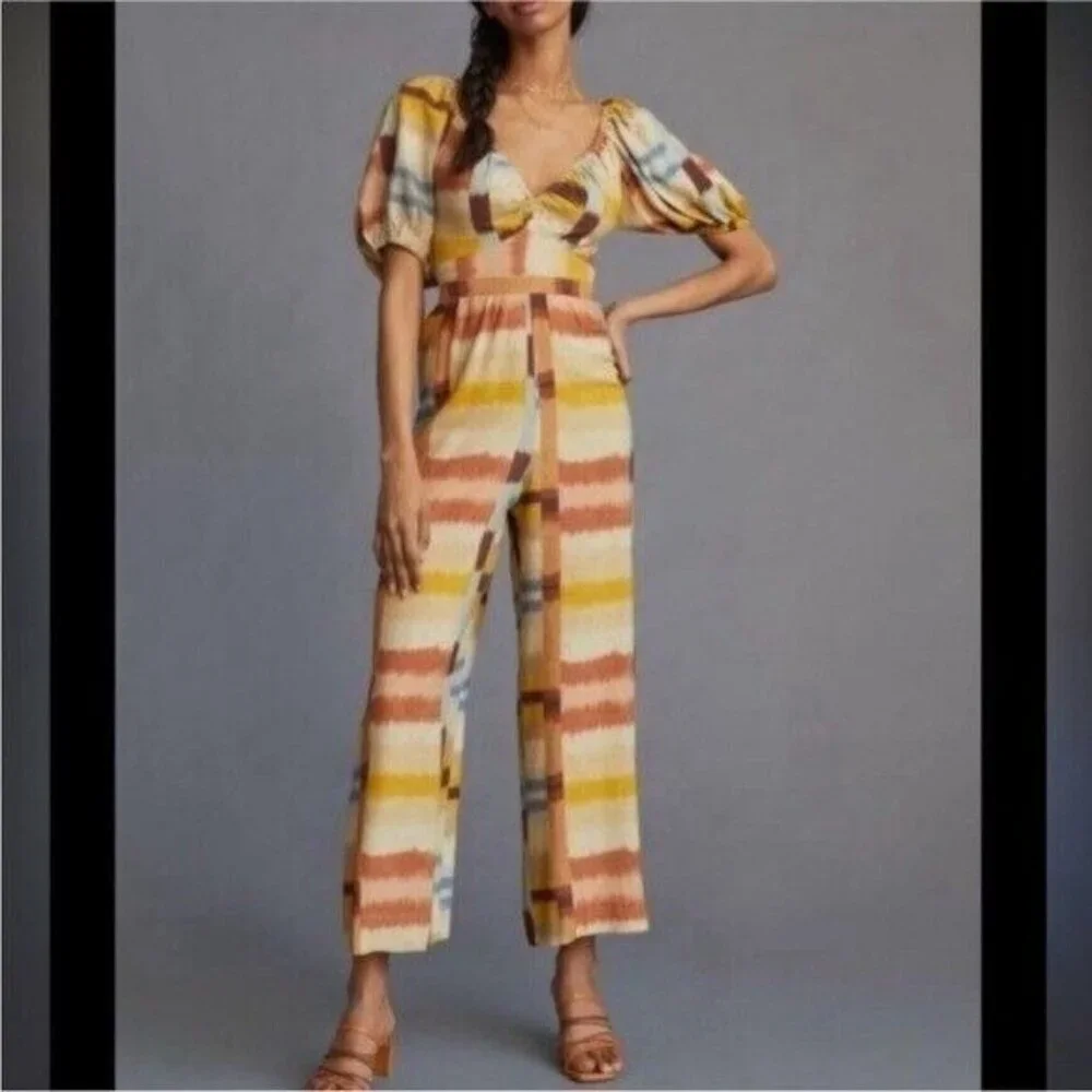 ANTHROPOLOGIE Ranna Gill Tie Back Puff Sleeve Linen Blend Jumpsuit Size NEW - Picture 2 of 11